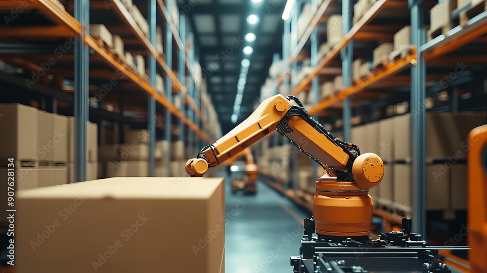 The hightech material handling process using an automatic robotic system The logistics technology by a robotic system The hightech material handling process using an automatic robotic system The logistics technology by a robotic system