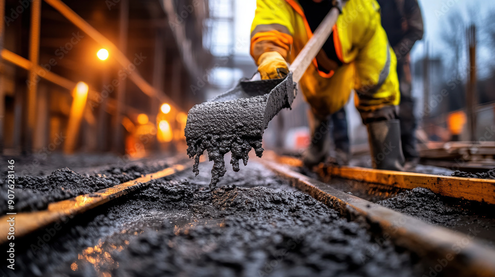 A man in a yellow jacket is shoveling black cement into a wheelbarrow A man in a yellow jacket is shoveling black cement into a wheelbarrow