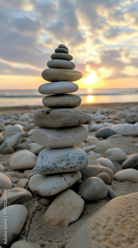 Fototapeta premium pile of rocks on the beach at sunset
