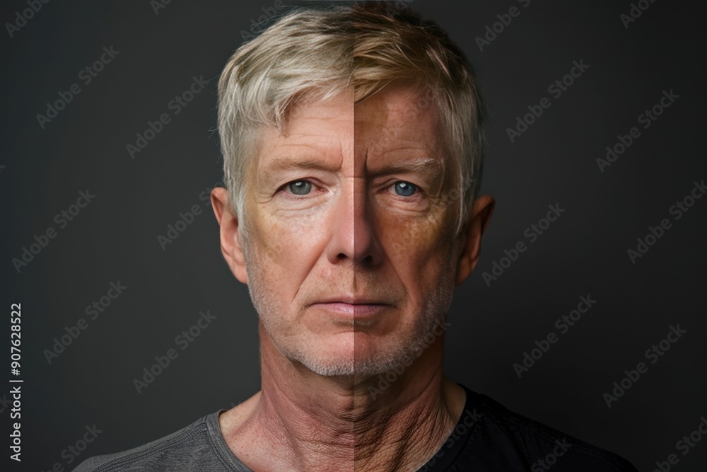 Obraz premium The man's face is split into two, one with a beard and the other without