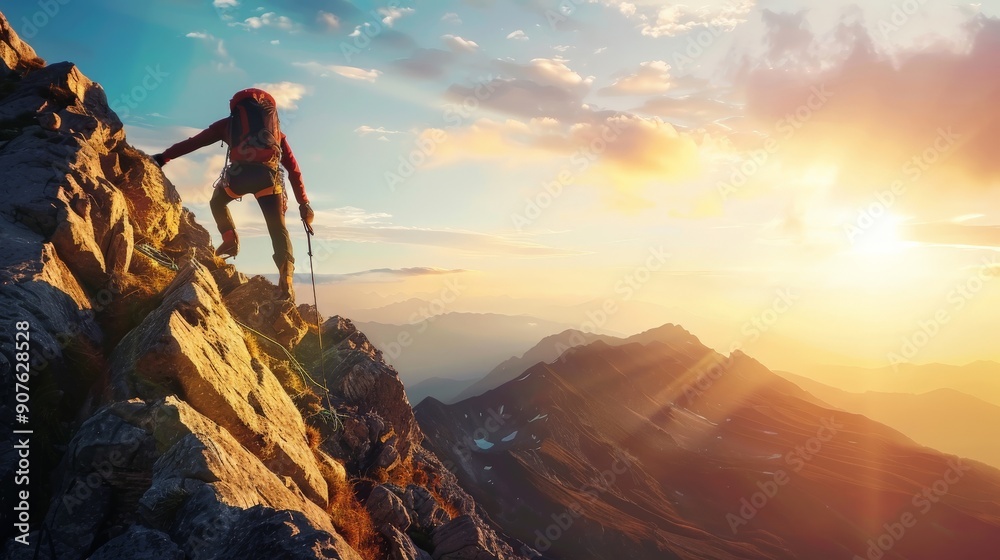 Fototapeta premium Mountain climber reaching for the peak in early morning