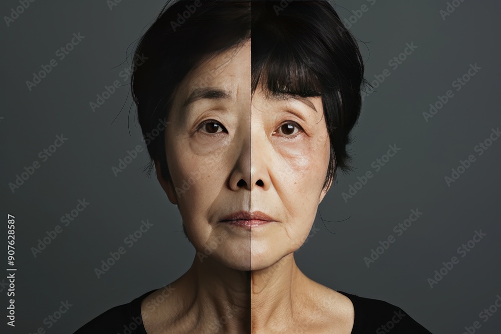 A woman with gray and white hair is shown in a split image A woman with gray and white hair is shown in a split image