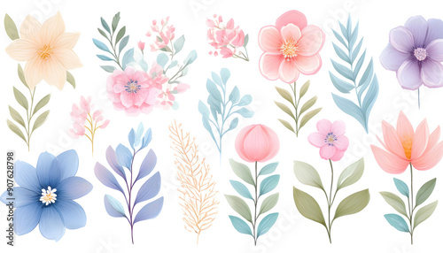 set of watercolor pastel flower decoration on wedding table with flowers 