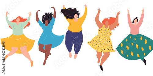 Curvy women celebration dance joyfully. Diverse plussize females smiling, colorful dresses, raising hands. Body positivity fashion design inspiration