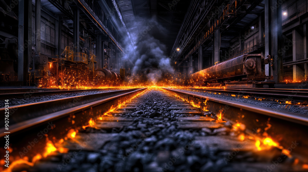 Obraz premium A train track with a fire burning on it. The fire is orange and yellow