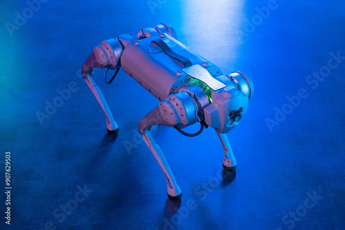 Quadruped dog robot in a futuristic environment with autonomous technology.	