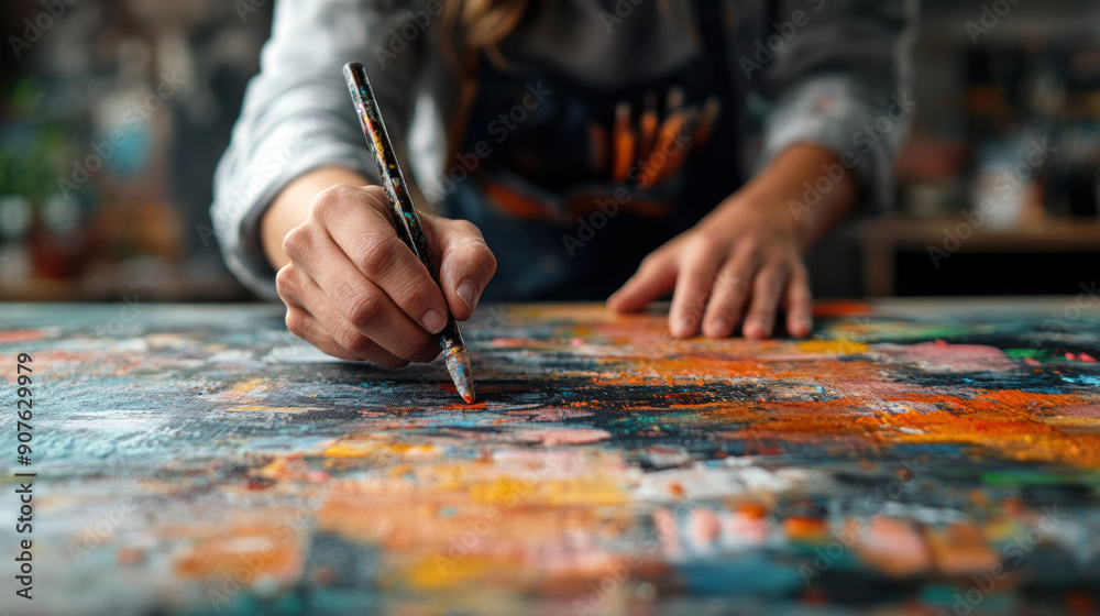 A woman is painting a picture with a brush and a marker. The painting is colorful and has a lot of different shades of orange and blue A woman is painting a picture with a brush and a marker. The painting is colorful and has a lot of different shades of orange and blue