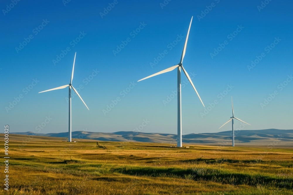 Wind turbines standing tall in a vast open field against a clear blue sky, showcasing renewable energy and natural beauty Wind turbines standing tall in a vast open field against a clear blue sky, showcasing renewable energy and natural beauty