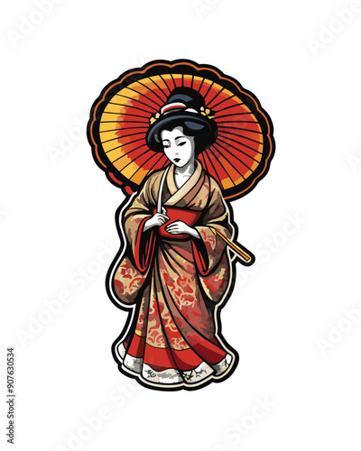 A graceful geisha in a traditional Japanese kimono holding a closed red uchiwa fan, with a red and gold traditional umbrella above her head.