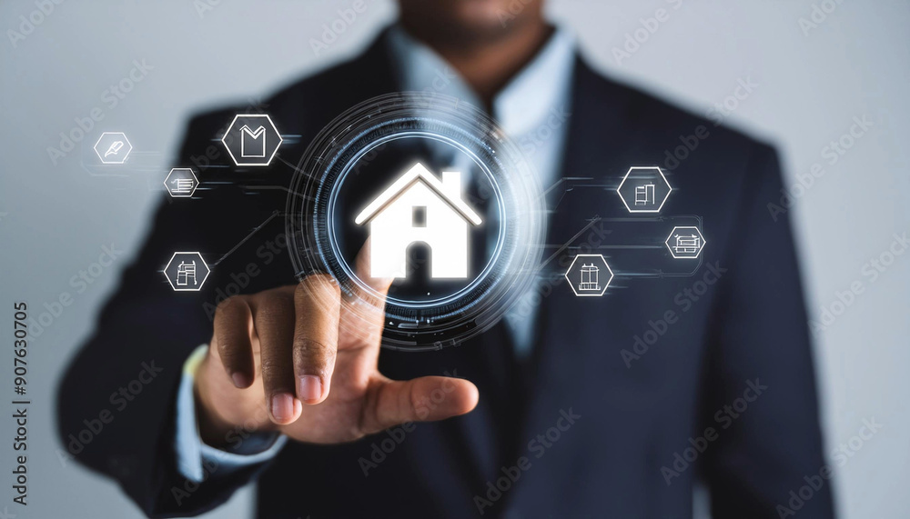 Man analyzing mortgage loan and insurance real property by touching virtual home icon on screen. Man analyzing mortgage loan and insurance real property by touching virtual home icon on screen.