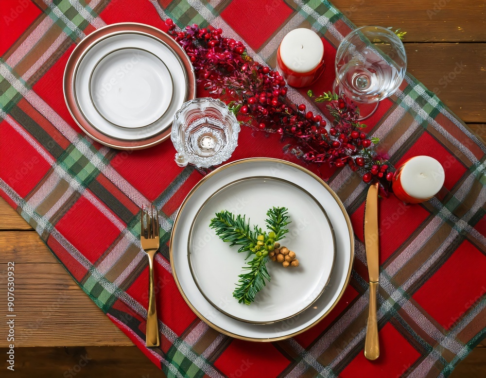 Christmas table setting with red tartan tablecloth, candles, and evergreen branch creating a festive holiday atmosphere Christmas table setting with red tartan tablecloth, candles, and evergreen branch creating a festive holiday atmosphere