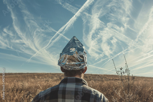 Chemtrail conspiracy theory concept with back view of man with tinfoil hat looking at sky with condensation trails