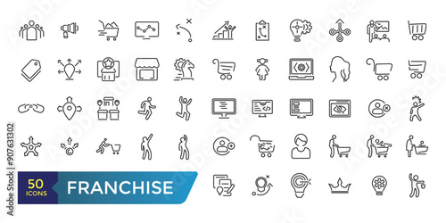 Franchise icon set. Franchisee, license, royalties, chain, shop, business model Icon. Collection and pack of linear web and ui icons. Editable stroke. Vector illustration.