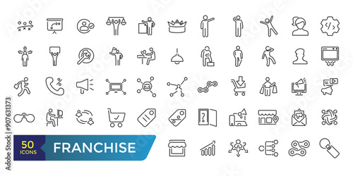 Franchise icon set. Franchisee, license, royalties, chain, shop, business model Icon. Collection and pack of linear web and ui icons. Editable stroke. Vector illustration.