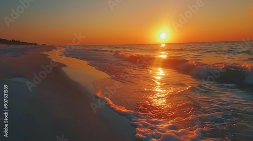 Colorful vibrant orange sunset seascape in Gulf of Mexico in Seaside Santa Rosa Beach Florida panhandle and reflection of sun path on horizon : Generative AI photo