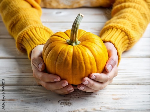 Vibrant yellow pumpkin rests in gentle hands on a crisp white table, evoking feelings of autumn, harvest, and festive celebrations like Halloween and Thanksgiving. photo