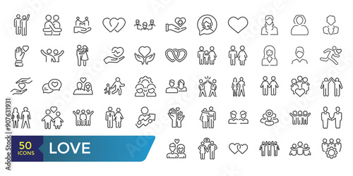 Love icon set. Friendship, care and relationship concept outline icons set. Collection and pack of linear web and ui icons. Editable stroke. Vector illustration.