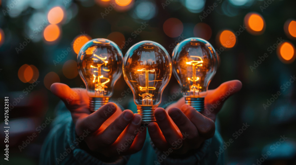 © khonkangrua - Hands holding three illuminated light bulbs symbolize innovation, creativity, and bright ideas in a visually captivating manner.