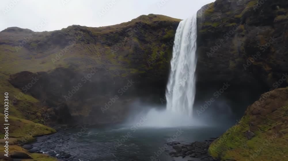 A stunning waterfall cascades over rocky cliffs, surrounded by lush greenery, creating a serene and tranquil natural landscape A stunning waterfall cascades over rocky cliffs, surrounded by lush greenery, creating a serene and tranquil natural landscape