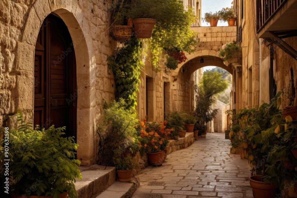Fototapeta premium Historic mediterranean city architecture outdoors cobblestone.