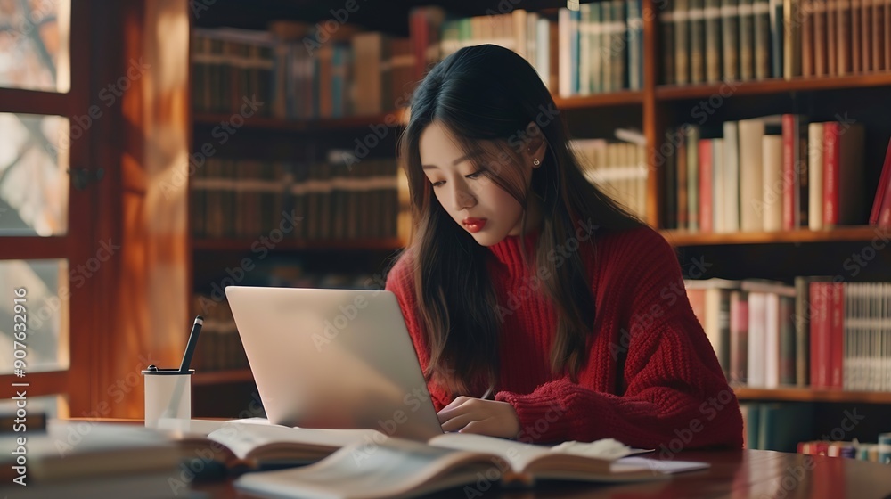 Engaged Asian Female Student Working on Her University Assignments With a Laptop in Modern Library Young Woman in Red Sweater Studying Surrounded by Books and Pens : Generative AI Engaged Asian Female Student Working on Her University Assignments With a Laptop in Modern Library Young Woman in Red Sweater Studying Surrounded by Books and Pens : Generative AI
