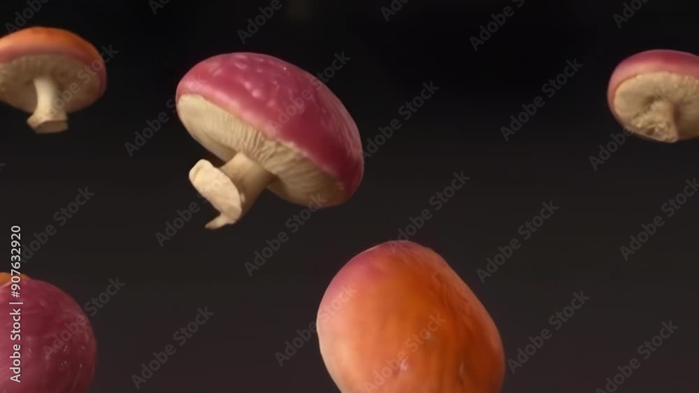 The frame showcases vibrant mushrooms in motion, highlighting their organic texture and colors against a dark background The frame showcases vibrant mushrooms in motion, highlighting their organic texture and colors against a dark background