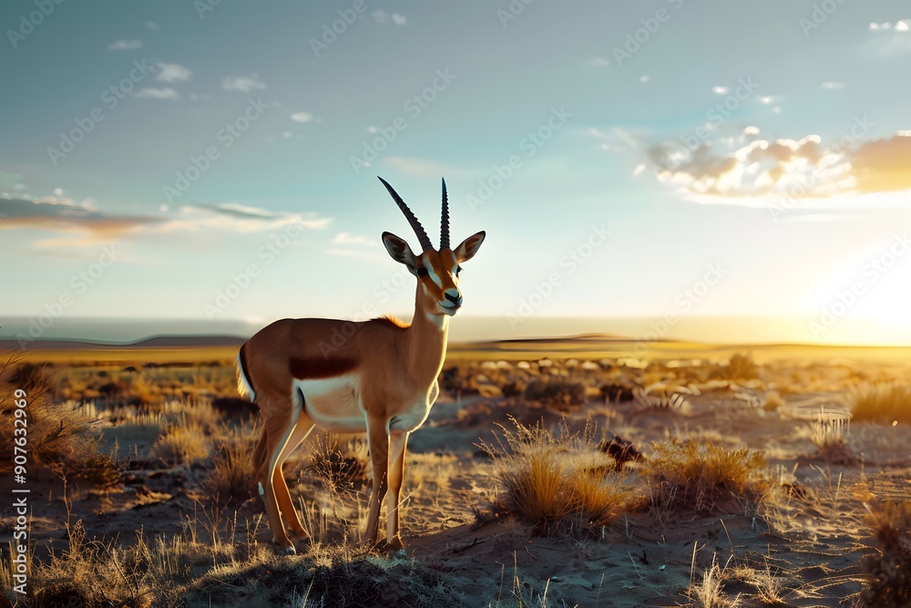 Fototapeta premium A graceful gazelle stands in a sunlit desert landscape at dusk.