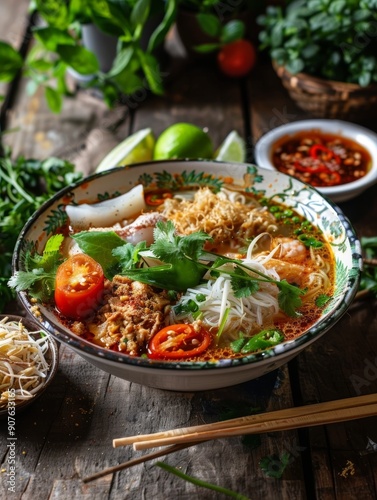 A traditional Myanmar dish, Mohinga, served in a bowl. This savory fish broth soup with noodles and lemongrass is a staple of Burmese cuisine. photo