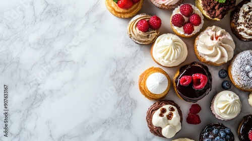 Beautifully arranged assortment of pastries and desserts on a marble background, with enough copy space for promotional messages.