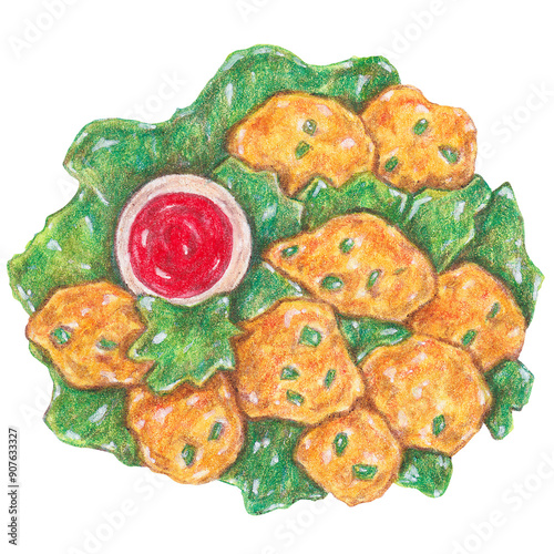 pokora with spice sauce from india, fried food painting with colored pencils photo