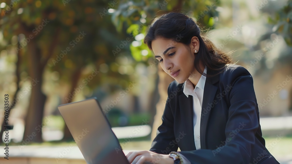 Focused young middle eastern Israel businesswoman using laptop pc online application for work sitting outdoors Indian or arabic woman manager in business suit doing data base research : Generative AI Focused young middle eastern Israel businesswoman using laptop pc online application for work sitting outdoors Indian or arabic woman manager in business suit doing data base research : Generative AI