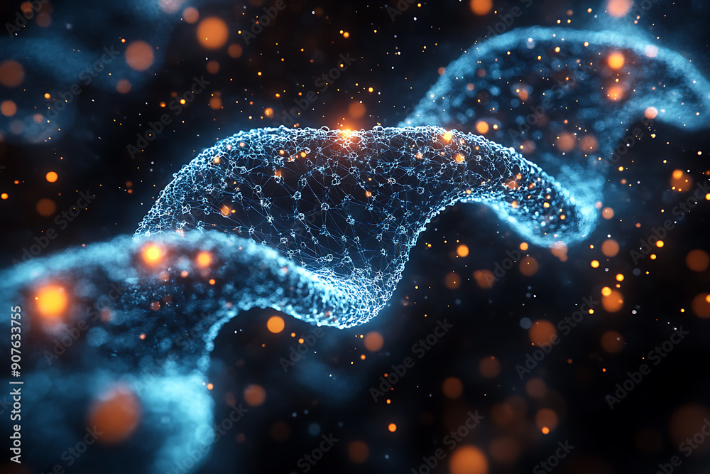 A digital DNA helix made of glowing particles, set against a dark background with bokeh light effects. The image highlights genetic structure and molecular biology