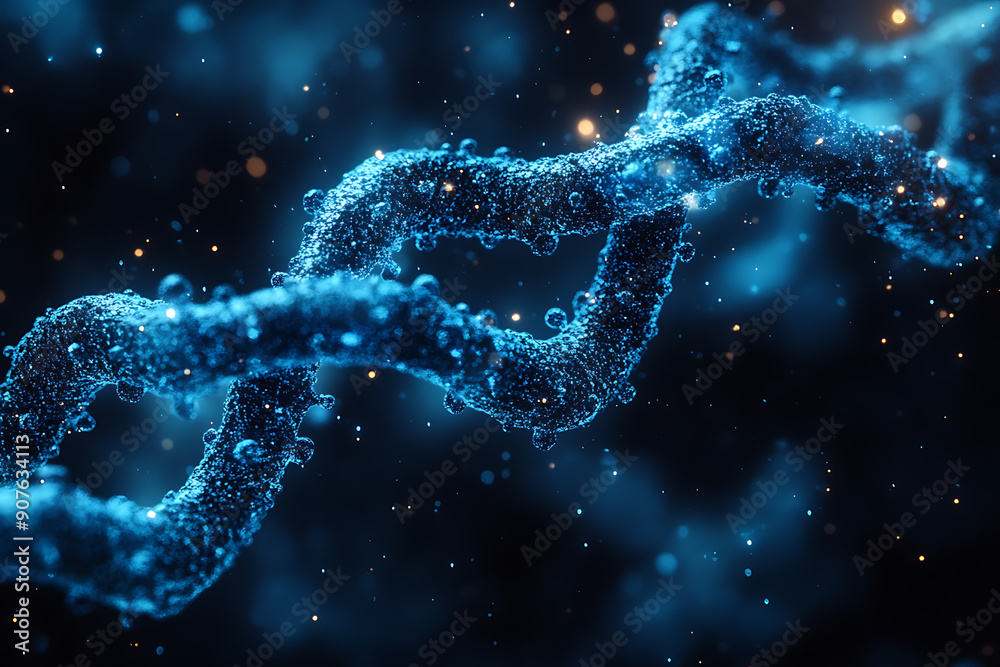 A digital DNA helix made of glowing particles, set against a dark background with bokeh light effects. The image highlights genetic structure and molecular biology