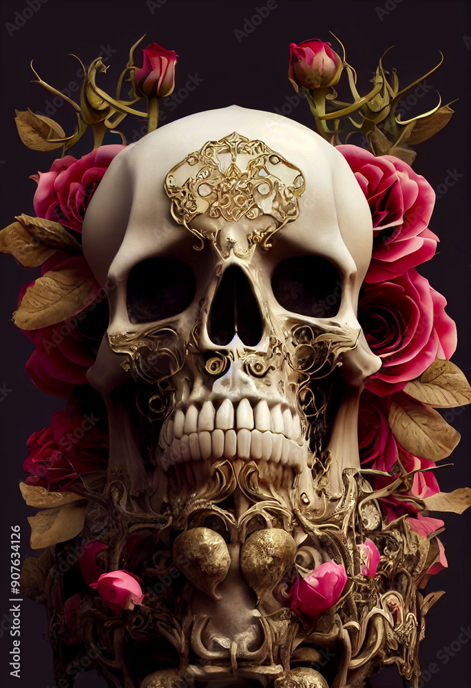 Portrait of a human skull decorated with roses