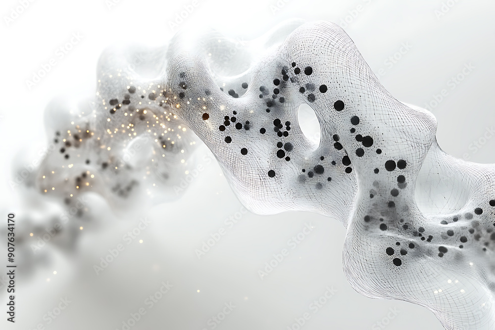 A digital DNA helix made of glowing particles, set against a dark background with bokeh light effects. The image highlights genetic structure and molecular biology A digital DNA helix made of glowing particles, set against a dark background with bokeh light effects. The image highlights genetic structure and molecular biology