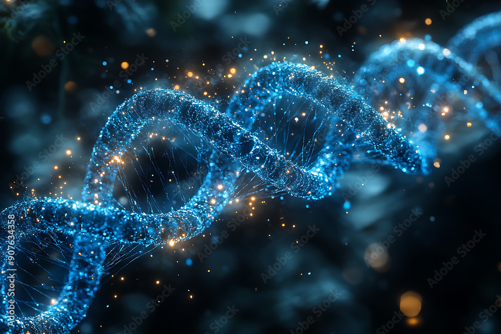 A digital DNA helix made of glowing particles, set against a dark background with bokeh light effects. The image highlights genetic structure and molecular biology A digital DNA helix made of glowing particles, set against a dark background with bokeh light effects. The image highlights genetic structure and molecular biology
