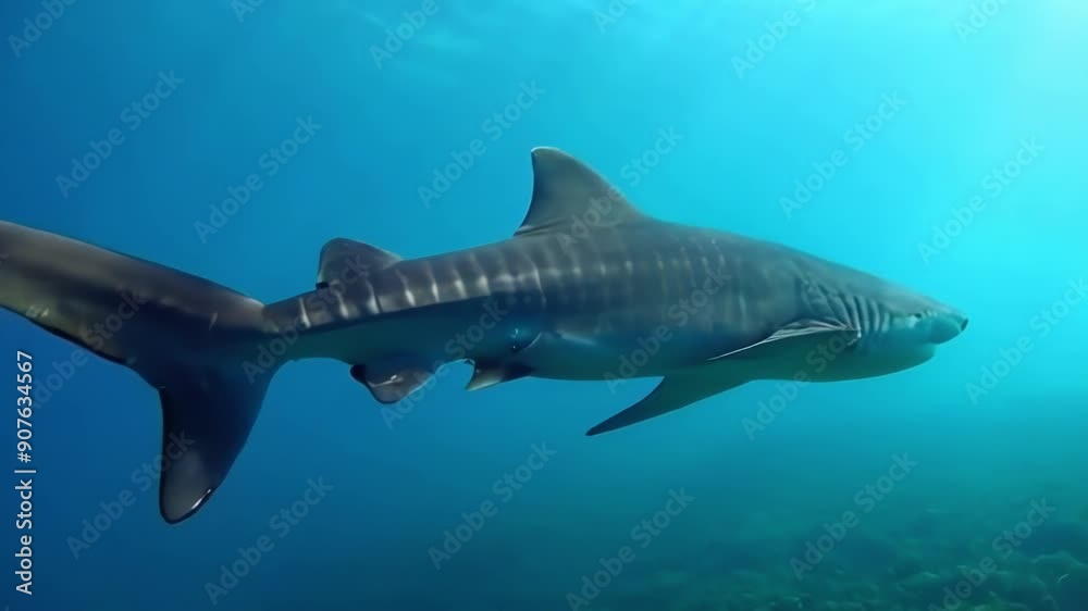 A captivating underwater scene featuring a shark swimming gracefully through blue waters, highlighting marine biodiversity and exploration A captivating underwater scene featuring a shark swimming gracefully through blue waters, highlighting marine biodiversity and exploration