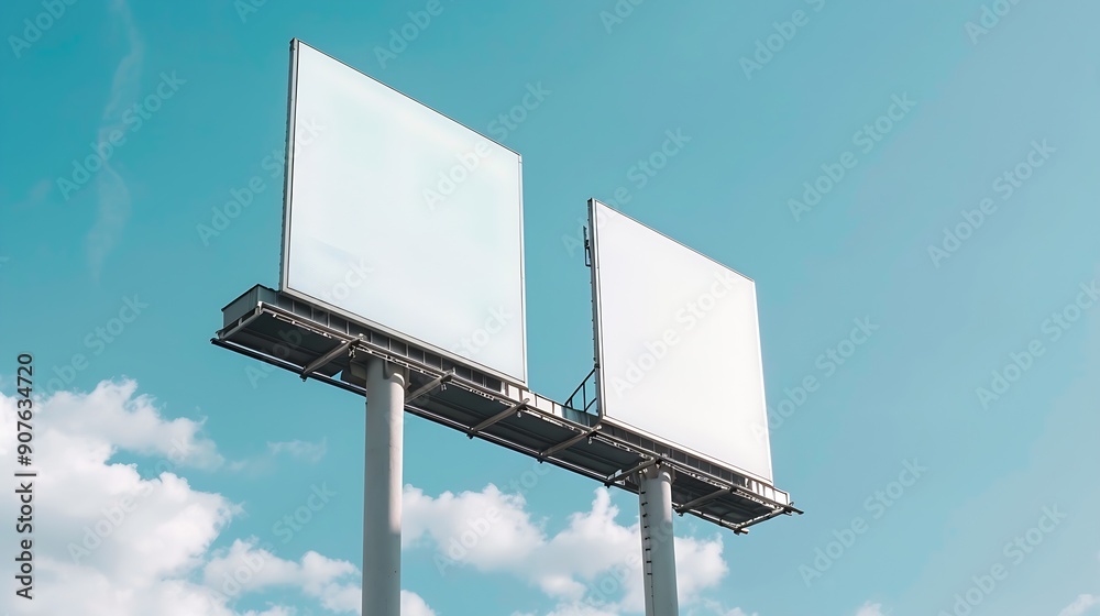 Mock up two white vertical LED display billboard on tower building with blue sky background clipping path for mockup : Generative AI Mock up two white vertical LED display billboard on tower building with blue sky background clipping path for mockup : Generative AI