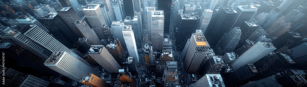An aerial view of a major financial center during an economic slump, showing the skyscrapers and empty streets An aerial view of a major financial center during an economic slump, showing the skyscrapers and empty streets