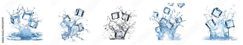Ice cubes splashing into water isolated on a transparent background Ice cubes splashing into water isolated on a transparent background