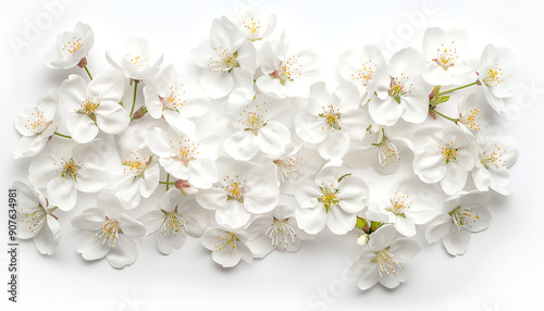cherry flowers isolated on white background. Top view. Flat lay