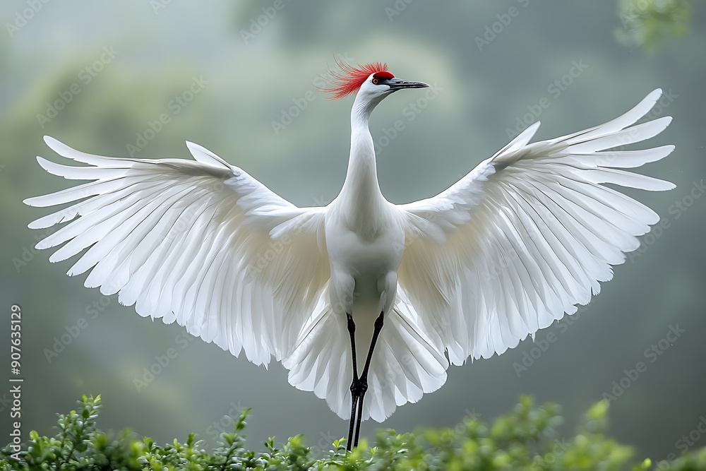A graceful crane with distinctive white plumage, black wing tips, and a red crown on its head. The crane is depicted standing or in flight A graceful crane with distinctive white plumage, black wing tips, and a red crown on its head. The crane is depicted standing or in flight