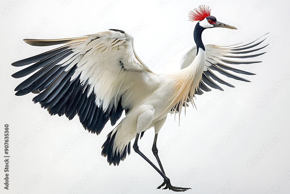A graceful crane with distinctive white plumage, black wing tips, and a red crown on its head. The crane is depicted standing or in flight A graceful crane with distinctive white plumage, black wing tips, and a red crown on its head. The crane is depicted standing or in flight