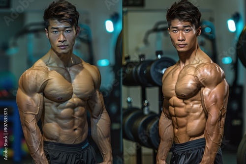 The man is muscular and has a lot of muscle mass