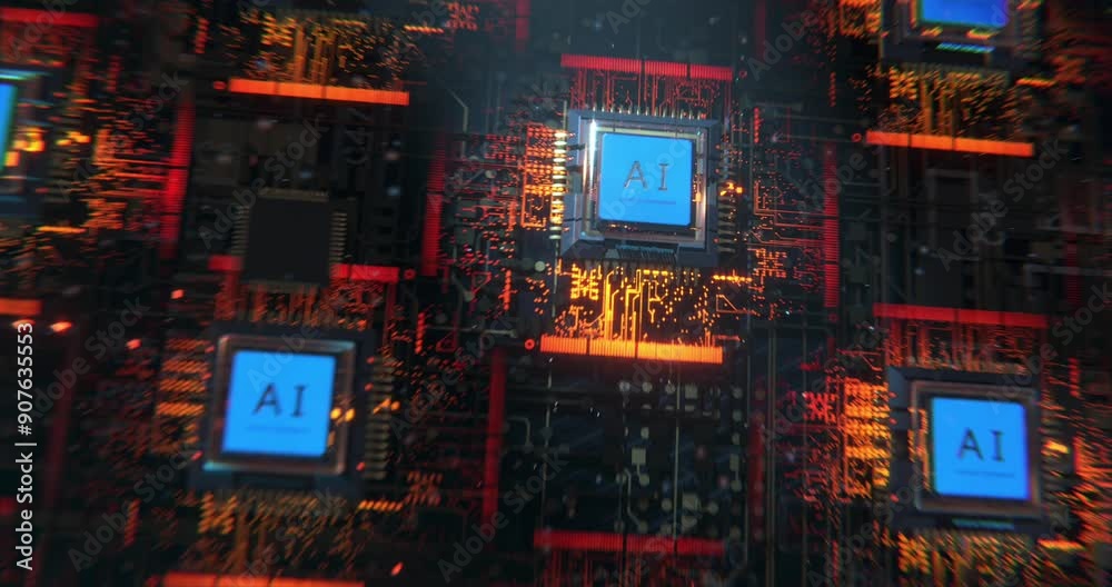 Macro view of CPU integrated in circuitboard with AI text engraved on glowing surface, artificial intelligence conceptual space Macro view of CPU integrated in circuitboard with AI text engraved on glowing surface, artificial intelligence conceptual space