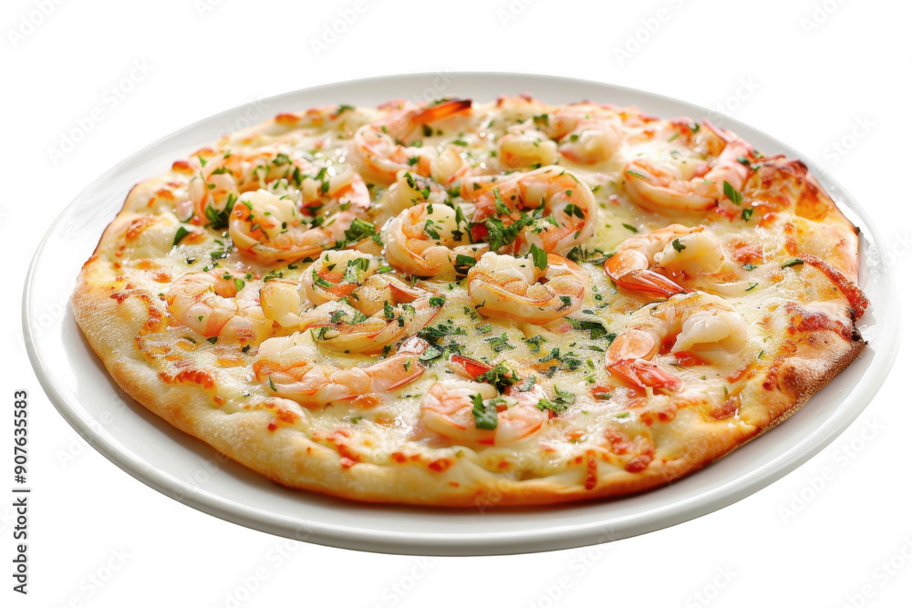 A delectable Shrimp Scampi pizza topped with succulent shrimp, garlic, and herbs, served on an elegant porcelain serving plate. The presentation highlights the gourmet flavors and fresh ingredients of