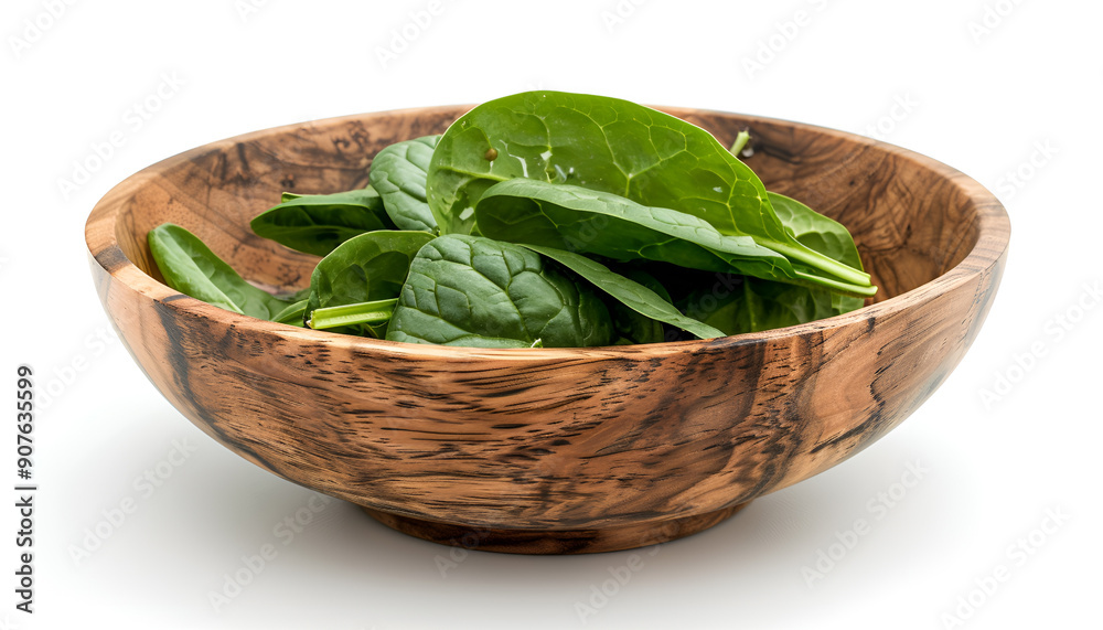 Fresh spinach leaves in wooden bowl isolated on white background Fresh spinach leaves in wooden bowl isolated on white background