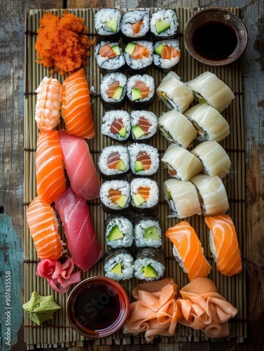 An exquisite fusion of Japanese cuisines, this sushi platter features a variety of nigiri and sashimi, elegantly arranged on a bamboo mat. photo