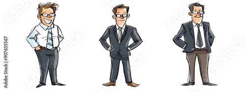 Illustration businessman, ensure the characters do not touch each other and maintain consistent playful and exaggerated features typical of the doodle style