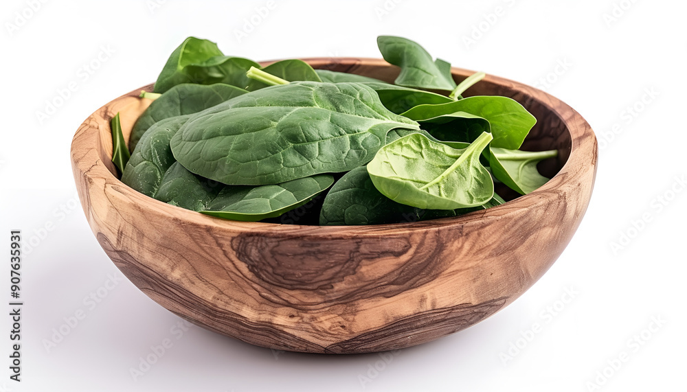 Fresh spinach leaves in wooden bowl isolated on white background Fresh spinach leaves in wooden bowl isolated on white background